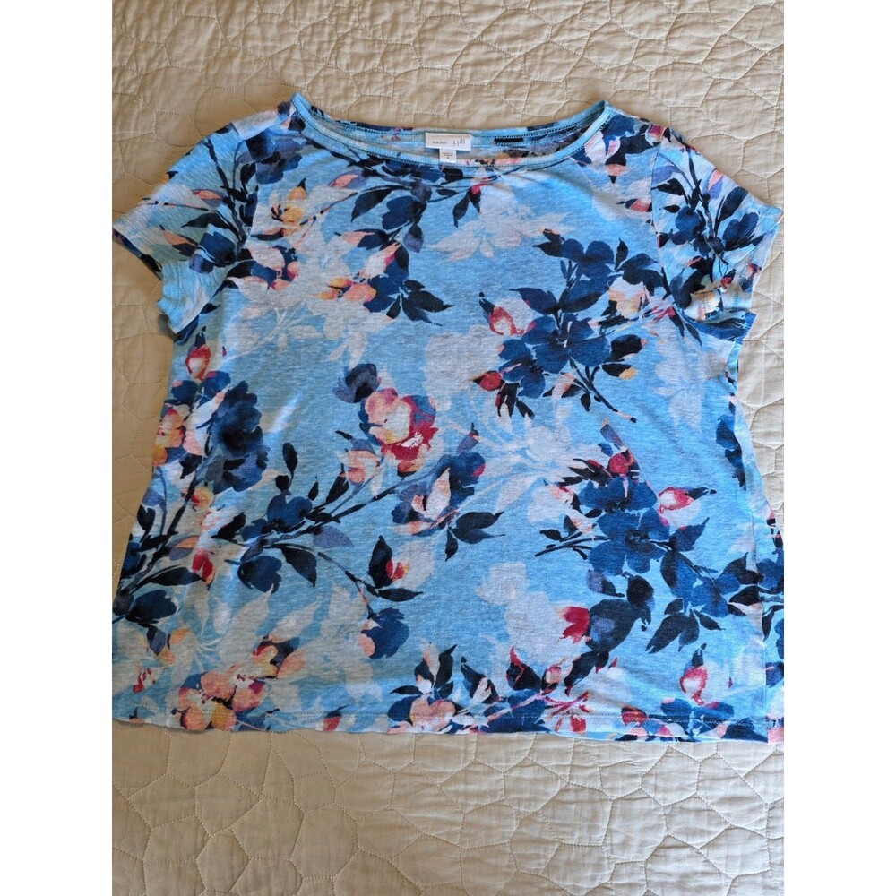J Jill Love Linen Women Shirt Short Sleeve Floral Print Linen Blue Size Medium